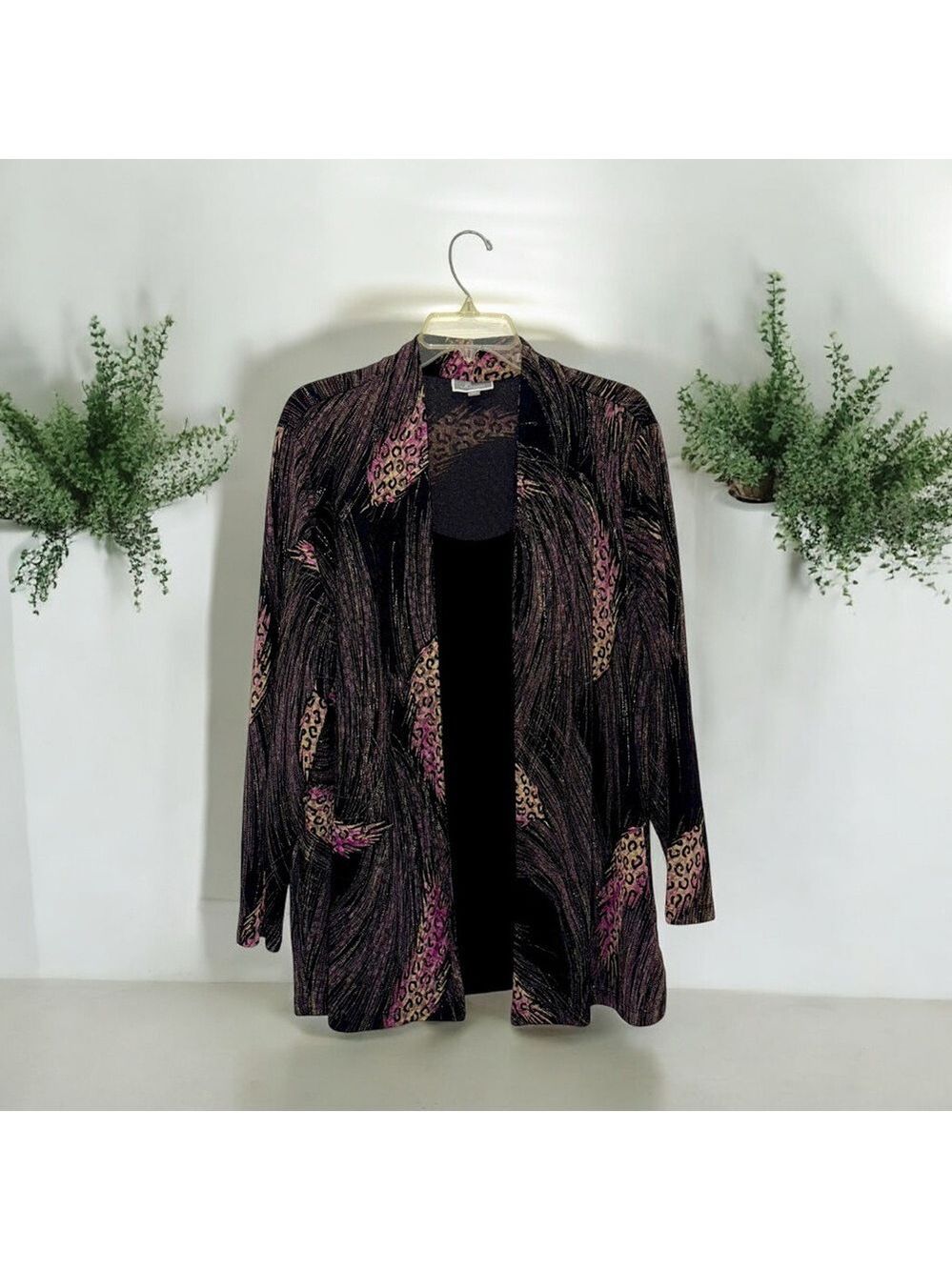 JM Collection Animal Print Feather Design Layered Long Sleeve Blouse 2X